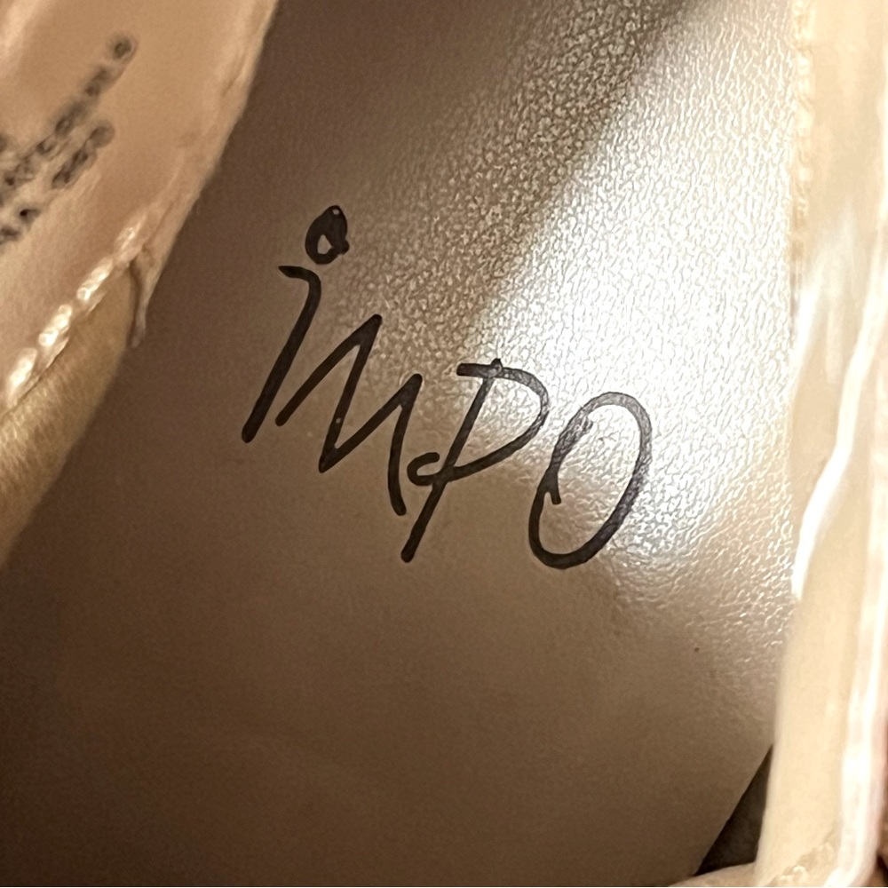 IMPO Odea camel tan brushed textile upper ankle boot gold outer detail 4” heel. - Picture 4 of 9